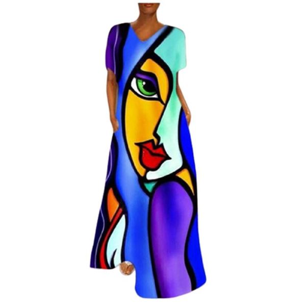 

casual dresses 2021 summer retro long dress fashion printing loose face kitten 7 color elegant clothes for women size 3xl vestidos, Black;gray