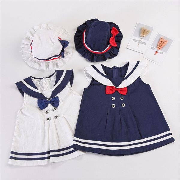 

turnover collar girl dress short sleeve baby sailor suit college children skirt outer wear with hat wq408, Red;yellow