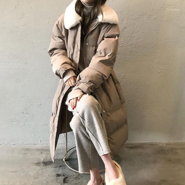 

hzirip new winter coat women drawstring waist thicken long warm down cotton padded jacket faux fur parkas1, Black