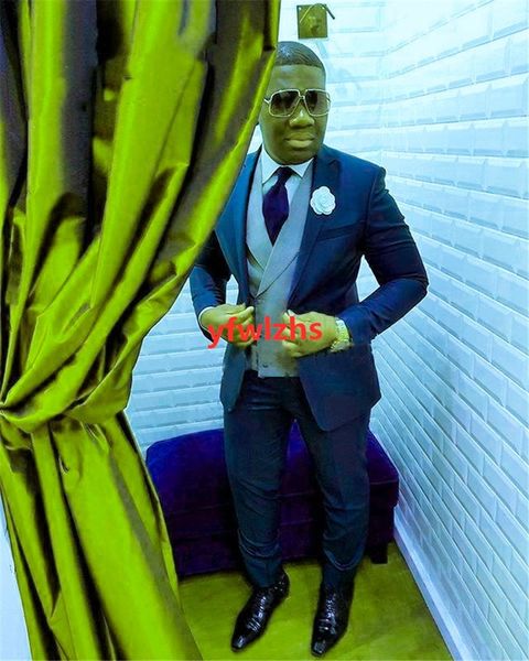 

handsome one button groomsmen peak lapel groom tuxedos mens wedding dress man jacket blazer prom dinner suits (jacket+pants+tie+vest) w580, Black;gray