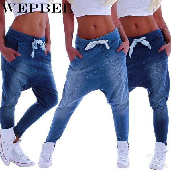 

wepbel women stretchy denim cross-pants fashion drawstring waist skinny jeans casual irregular ankle-length cowboy trousers, Blue