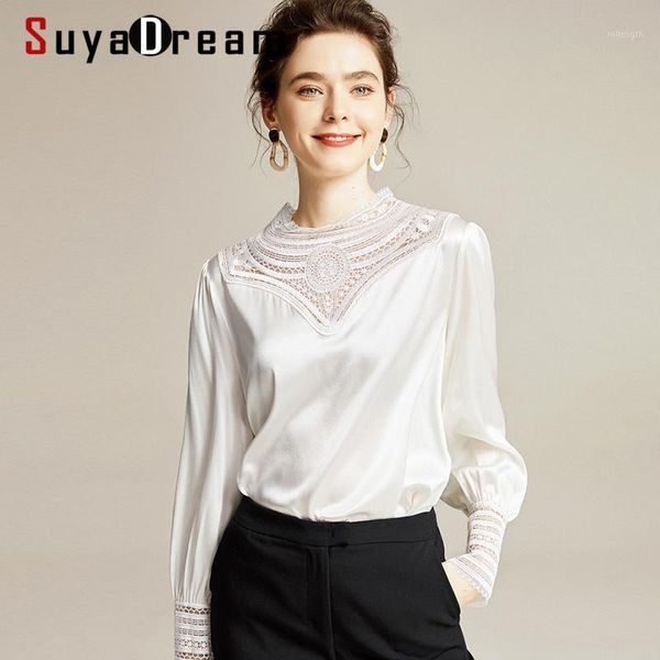 

suyadream women solid silk satin blouses 97%silk 3%spandex long sleeved lace round collar office blouse shirt 2020 spring shirt1, White