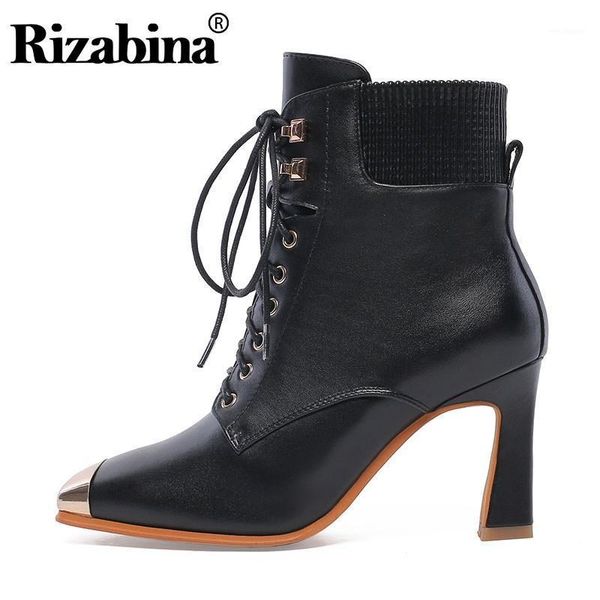 

rizabina women ankle boots genuine leather high heels shoes zipper cross strap black boots office ladies footwear size 34-431