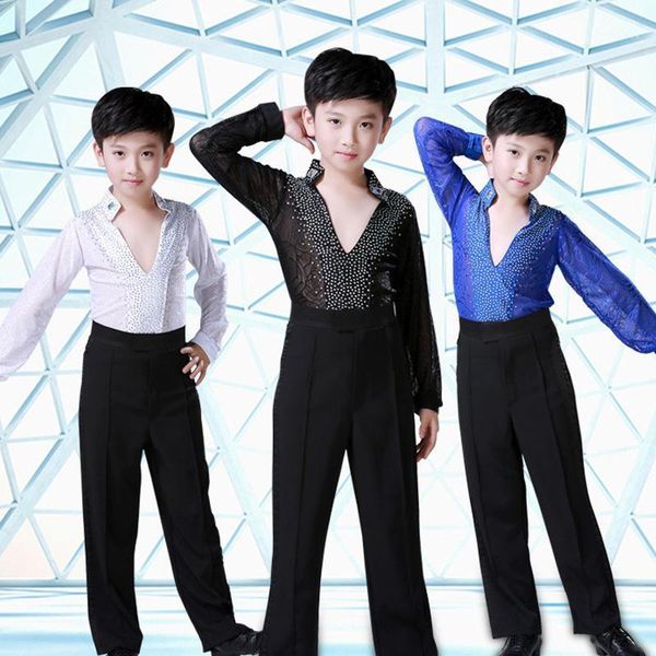 

latin dance and pants suit for children boys or men black white blue shirts tango rumba ballroom stage costumes bl13291, Black;red