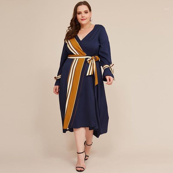 

woman long dress plus size v-neck straps fashion striped stitching loose fashion large size women's clothing casual vestidos1, Black;gray