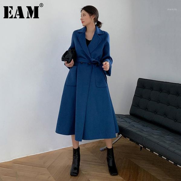 

eam] loose fit blue pocket long big size woolen coat parkas new long sleeve women fashion tide autumn winter 2020 1x5941, Black