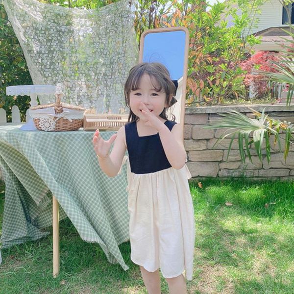 

girl's dresses fashion cotton square collar dress girls summer casual color matching backless sleeveless princess, Red;yellow