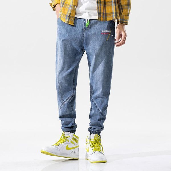 

gradient jeans 2021 autumn ins trend baita korean loose embroidered lace-up pants for men india1, Blue