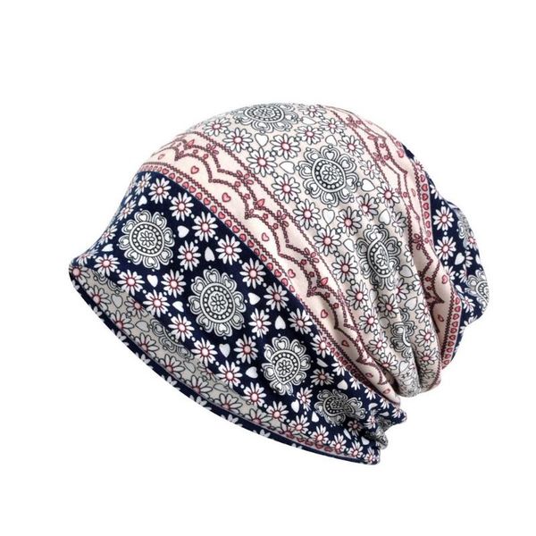 

four seasons women skullies ethnic style cotton soft floral print street outdoor female hedging cap, Blue;gray