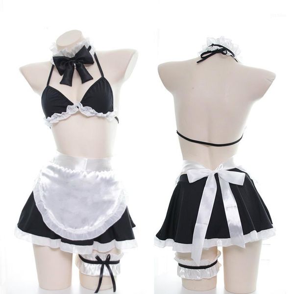 

kawaii anime lingerie women bikini sleeping bra apron skirt leg ring set japanese maid sleeping maid cosplay costumes uniform1, Red;black