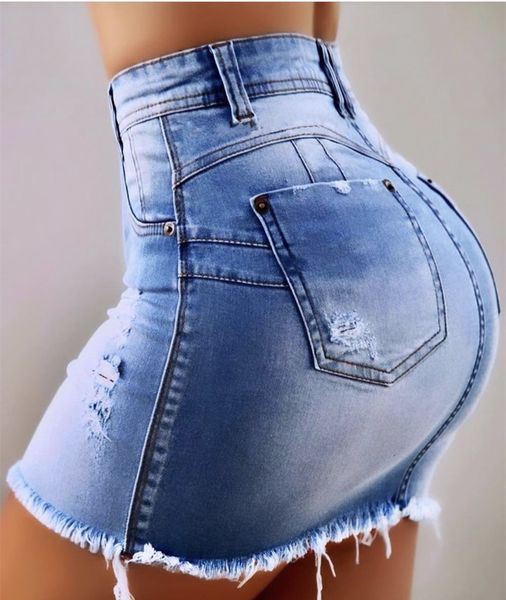 

new gradients and holes zipper buttock denim skirt, Blue