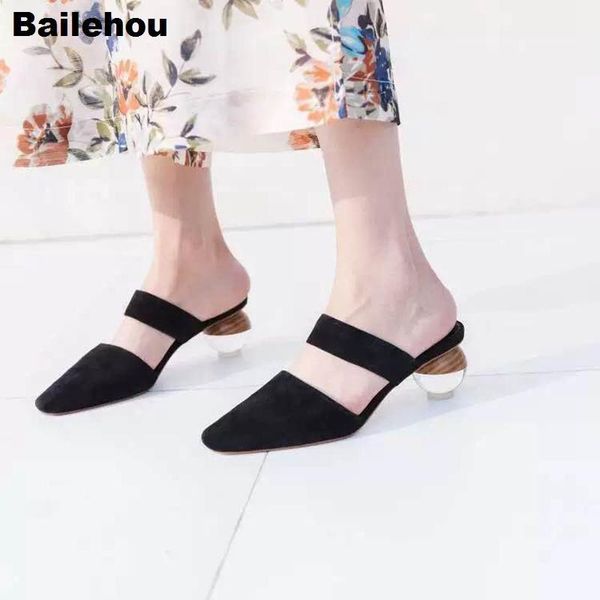 

bailehou women slippers transparent round heel mule shoes party wedding shoes summer closed toe slides slip on crystal heel 5cm1, Black
