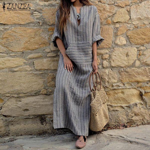 

2020 zanzea women dress autumn v neck long sleeve striped dresses casual loose plus size maxi long vestidos1, Black;gray