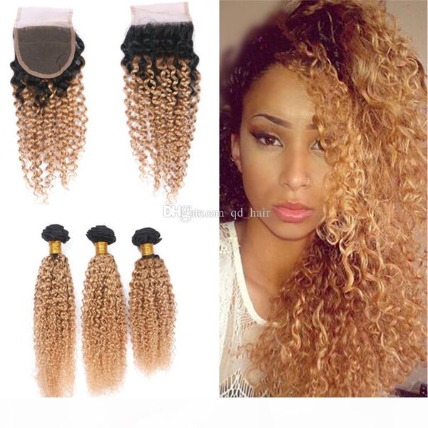 

dark roots ombre 1b 27 curly hair weft with closure 4x4 honey blonde 1b 27 lace closure with kinky curly hair extension, Black