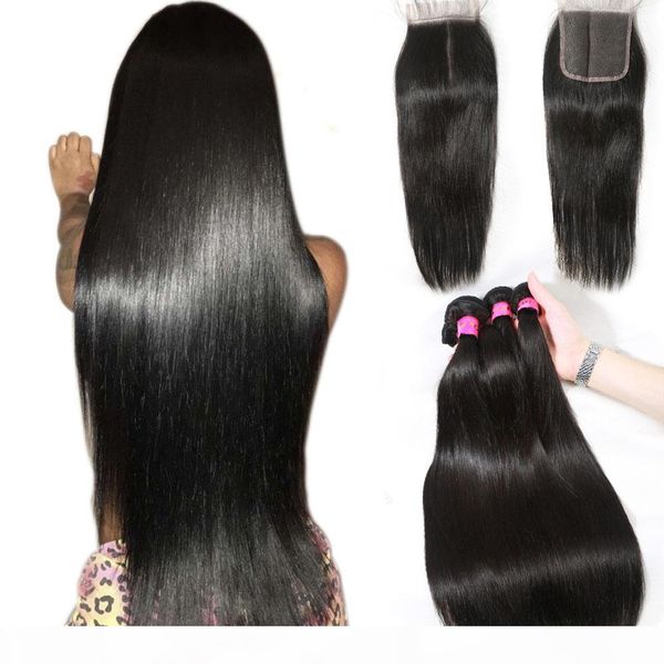 

straight peruvian hair with closure virgin hair extensions 3 bundles with lace closure 4*4 remy human hair, Black;brown