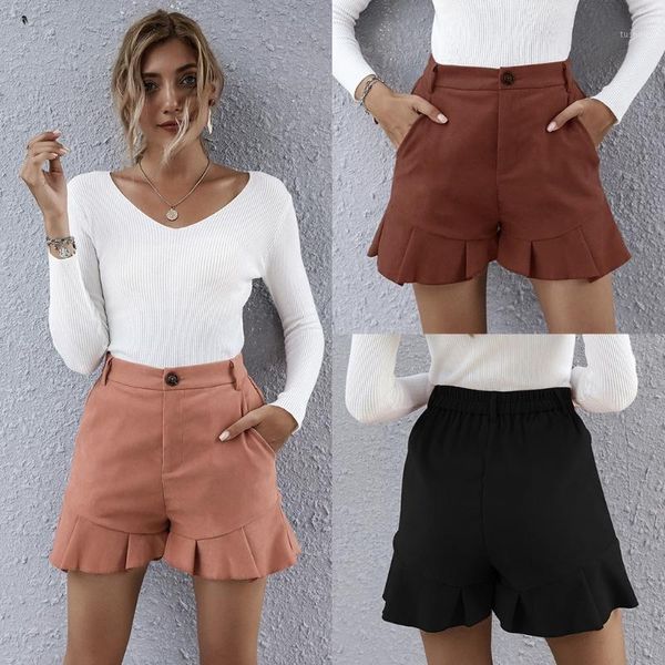 

summer beach casual solid short pants with pockets women elastic high waist ruffle hem wide leg shorts1, Blue