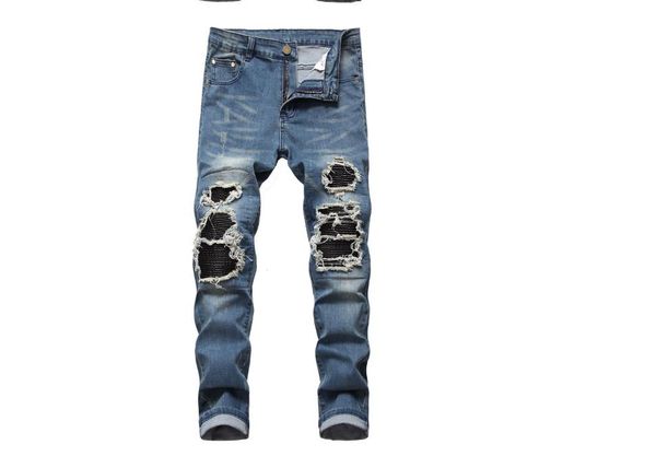 

new men's fashion designer men's jeans distressed moto denim joggers washed pleated jean pants size 28-40, Blue