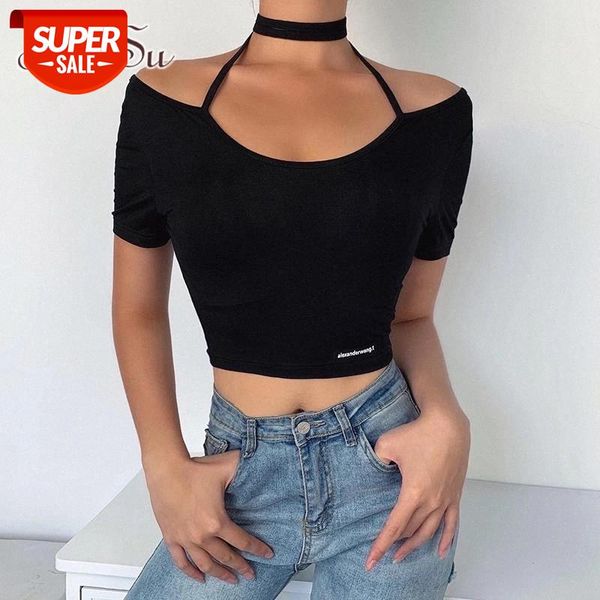 

artsu bodycon women summer crop tees black bandage hollow out female t-shirts korean style clothes 2020 asts52131 #es5l, White