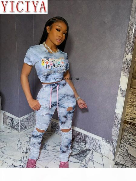 

stacked sweatpants two 2 piece set cartoon printed casual women t shirt 2020 summer high waist stacked long pants sportswear, Gray