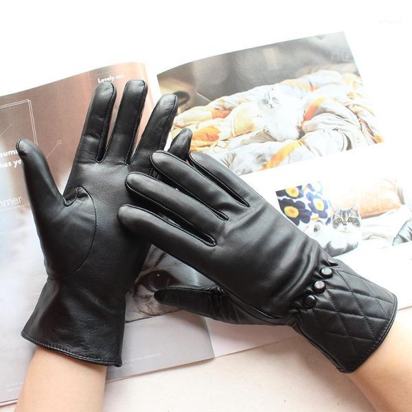 

five fingers gloves ladies black leather short style fashion velvet lining winter warm and cold-proof gloves1, Blue;gray