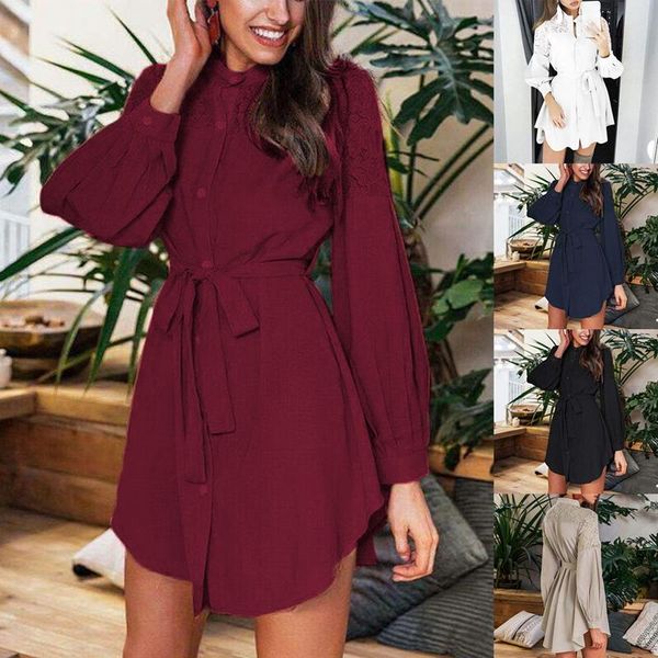 

элегантные кружевные женщины рубашки платья чистая сетка вышивка с длинным рукавом с длинными рукавами сплошные пояс осенью мини-платье, Black;gray