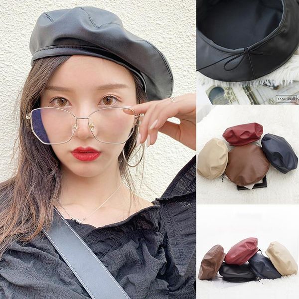 

berets autumn winter beret cap fashion women casual pu leather hat for retro beanie caps 2021, Blue;gray