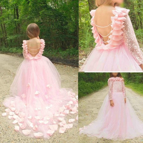 Süße rosa rückenfreie Blumenmädchenkleider für Hochzeit, Party, Junior-Mädchen-Festzug-Kleider, Spitze, lange Ärmel, Tüll, Prinzessin-Abschlussballkleid