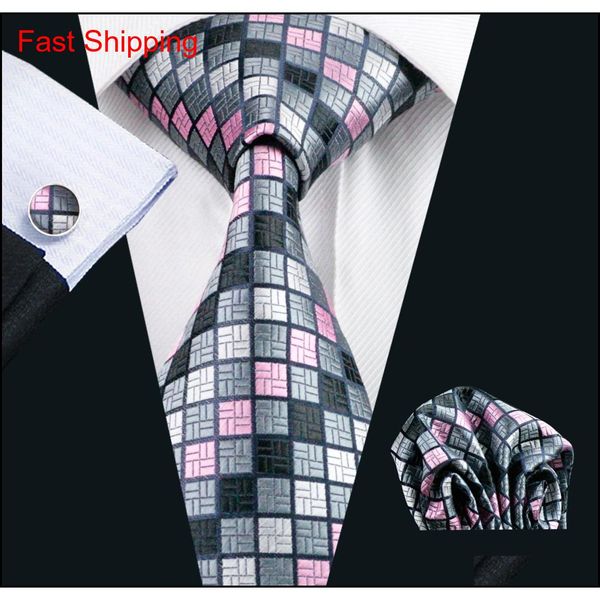 

grid gray pink silk tie hanky cufflinks mens set jacquard woven classic 8.5cm width wedding party business n-0482 g8ryn, Black;blue