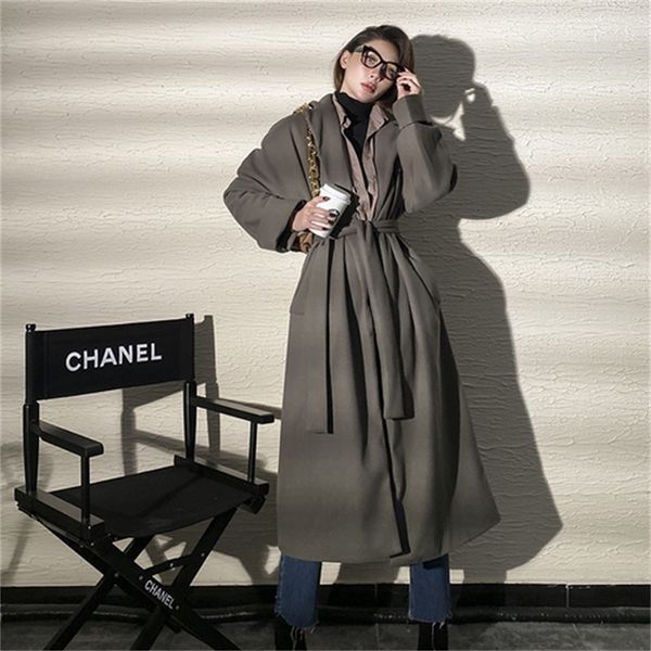 

2021 autumn new fashionable gray woman's wool vintage long lateral pockets chic coat outerwear zw2w, Black