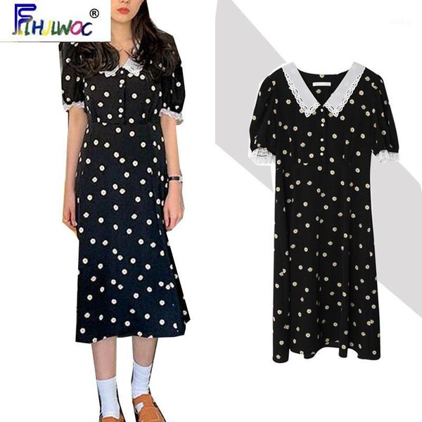 

2020 summer long flower dresses women short sleeve flhjlwoc korean japanese vintage marguerite cute dress 41191, Black;gray