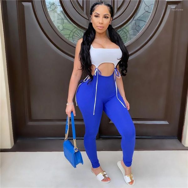 

women's jumpsuits & rompers patchwork lace up jumpsuit for women summer sleeveless strap bare belly skinny female streetwear hollow jum, Black;white