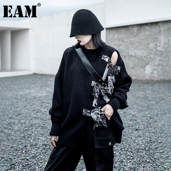 

eam] bow big size knitting sweater loose fit round neck long sleeve women pullovers new fashion tide autumn winter 2020 1dd1316, White;black