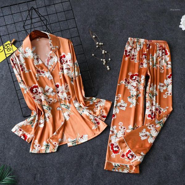 

daeyard women pajamas luxury floral print shirts and pants 2pcs pajama set silk pijama sleepwear spring nightwear home clothes1, Black;red