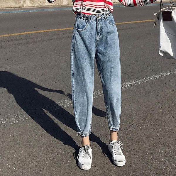 

women vintage denim jeans high waist pockets zipper design stylish female trousers long pants, Blue