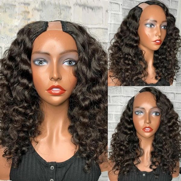 

brazilian remy deep wave u part wigs 100% 4c human hair glueless natural black color wavy middle open full head half wig