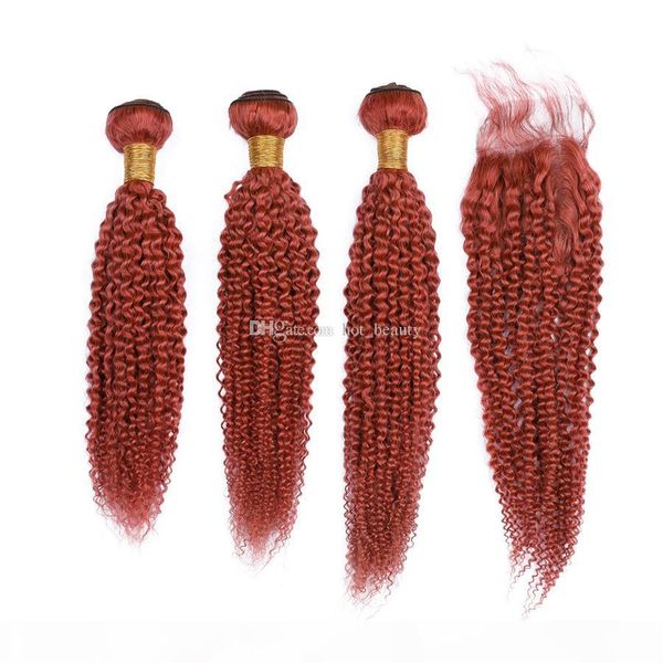 

color #350 dark orange hair bundles with lace closure kinky curly human hair weaves and 4x4 lace closure brazilian virgin hair, Black