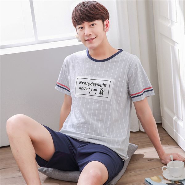 

summer men's pajamas set cotton striped sleep shirt & shorts suit letter sleepwear homewear pijama casual two piece set xxxl q1216, Black;white