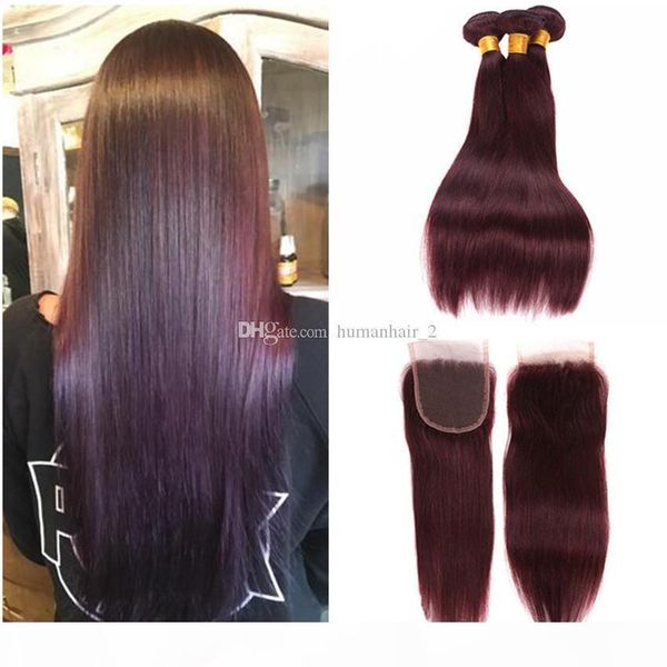 

straight human hair with lace closure 99j burgundy hair with lace closure wine silk straight red peruvian virgin hair with lace closure, Black;brown