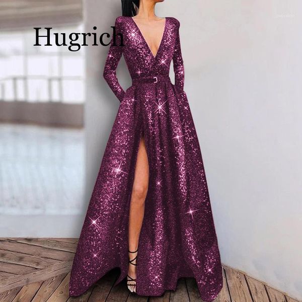 

2020 autumn fashion elegant deep v-neck women party dress long sleeve sashes sequined maxi dress1, Black;gray