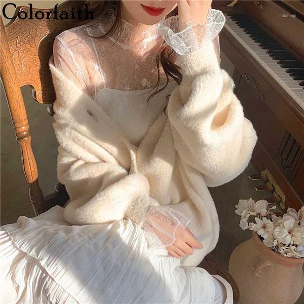 

colorfaith new 2020 spring summer blouse lace women flare sleeve turtleneck sweet elegant pullover bottoming mesh bl91751, White