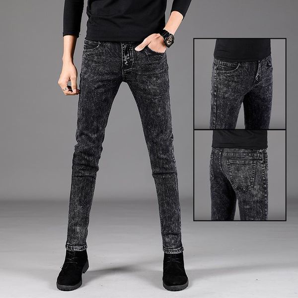 

men's jeans autumn and winter plus velvet thick wild snowflake gray slim stretch pants korean, Blue