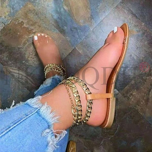 

2021 women summer basic flats shoes woman pvc sandals leather plus size flip thong gothic chain sandalias mujer sapato feminino #by4m, Black