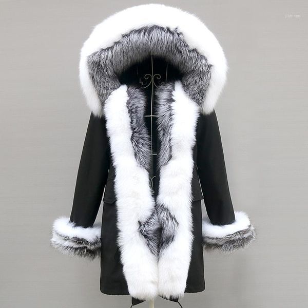 

2020 winter jacket women natural raccoon fur collar real fur coat color matching hood cuffs thick warm outerwear new long parka1, Black