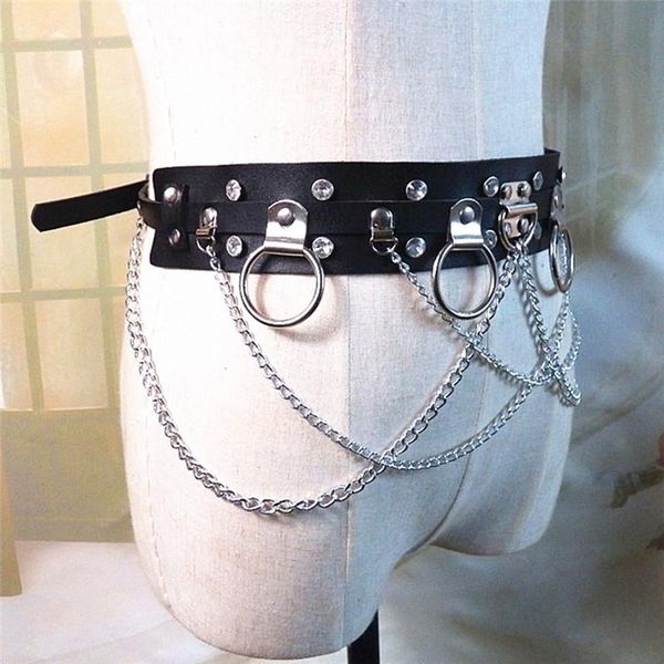 

belts handmade leather waist belt harness punk circle chain metal link, Black;brown