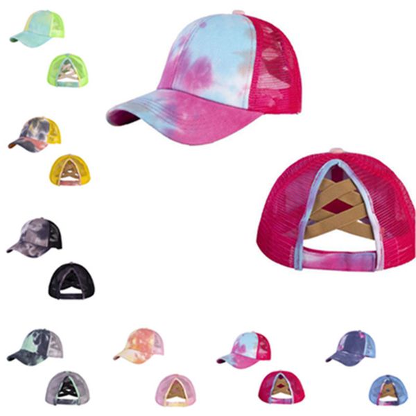

tie dye criss cross baseball ball hats womens messy buns ponycaps adjustable mesh ponycap snapback visor trucker sport headwear 2021 h2307, Yellow