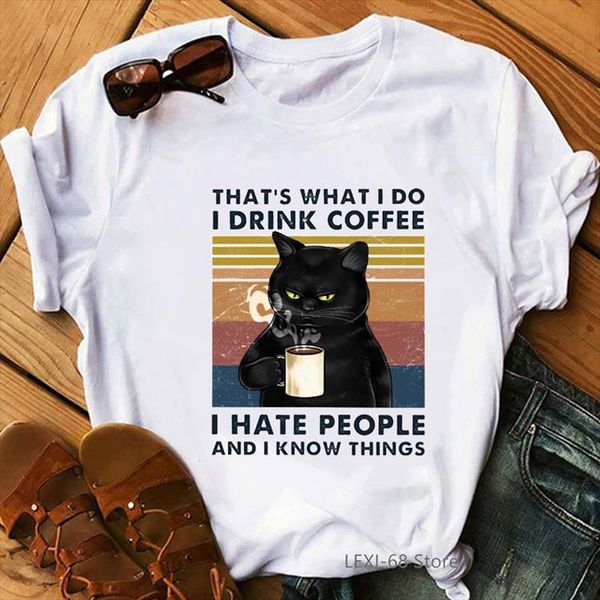 

fat black cat drink coffee thats what i do t shirt summer women clothes white vintage funny t shirts lovely graphic