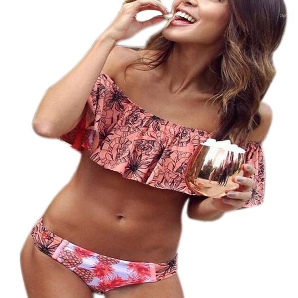 

newly women pineapple print ruffle off shoulder bikini set swimwear low waist thong swimsuit summer beach wear bfe881