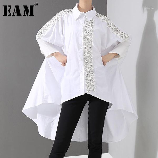 

eam] women white back long hollow out big size blouse new lapel long sleeve loose fit shirt fashion spring autumn 2020 jq1501