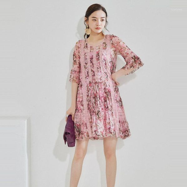 

casual dresses crossmio silk dress 2021 floral high waist 5 / 4 sleeve french retro summer1, Black;gray