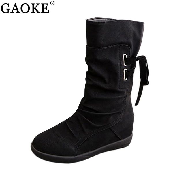 

women winter snow boots mid-calf solid wedges ladies height increasing shoes casual leather boot woman warm botas mujer, Black